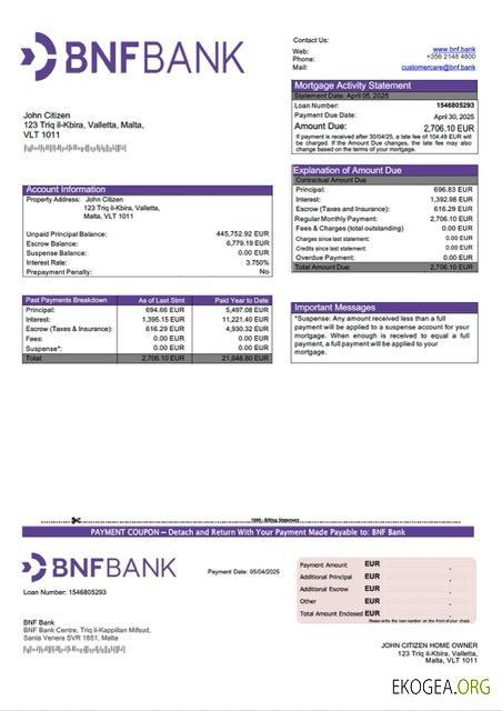 Modèle Word et PDF de relevé hypothécaire de la Banque BNF de Malte